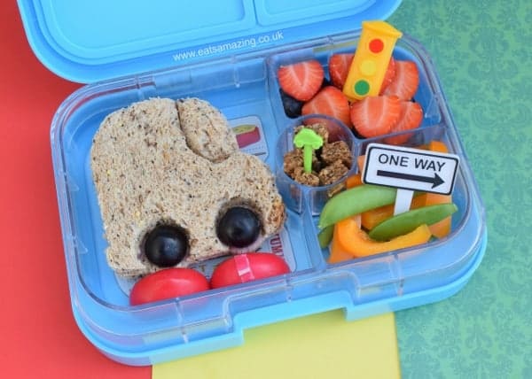 Simple Car Bento Lunch for Kids with the Yumbox UK bento box and Lunch Punch sandwich cutter - from Eats Amazing UK - fun healthy food for kids