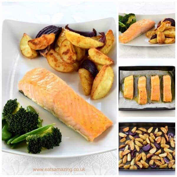 Really quick and easy oven baked honey mustard salmon fillets recipe with homemade potato wedges - great kid friendly mid-week family meal idea from Eats Amazing UK
