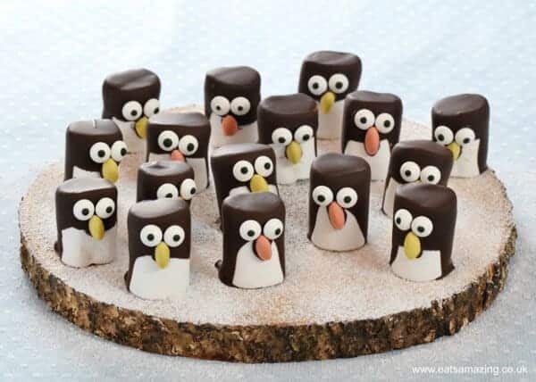 Cute and easy marshmallow penguins recipe - fun penguin themed food idea for kids from Eats Amazing UK