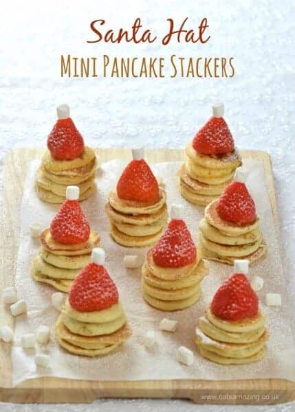 Santa Hat Mini Pancake Stackers recipe - a fun and healthy Christmas breakfast idea for kids from Eats Amazing UK || Christmas Breakfast: 10 Pancakes Kids Will Love! || Letters from Santa Holiday Blog