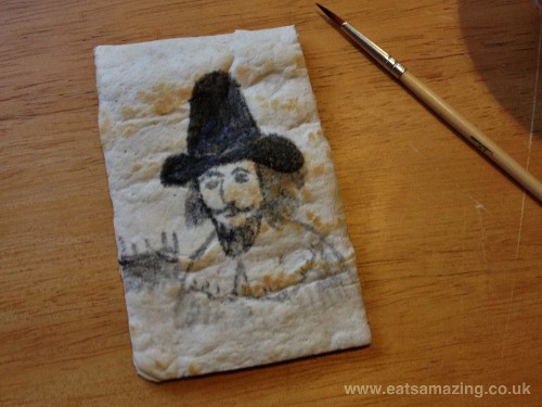 Eats Amazing - Guy Fawkes portrait painted on a quesadilla with food colouring