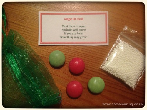 Magical Elf Seeds - A tiny note with instructions, a little bag of snow (white nonpareils) and seeds (red and green smarties)  #elfontheshelf #christopherpopinkins