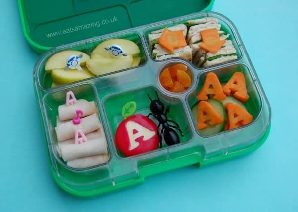 Eats Amazing - Alphabet Themed Kids Bento Lunches - A is for Apple Ant Arrow Aeroplane Apricot
