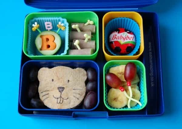 Eats Amazing - Alphabet Themed Kids Bento Lunches - B is for Beaver Beef Bones Ball Babybel Balloons Banana Blue