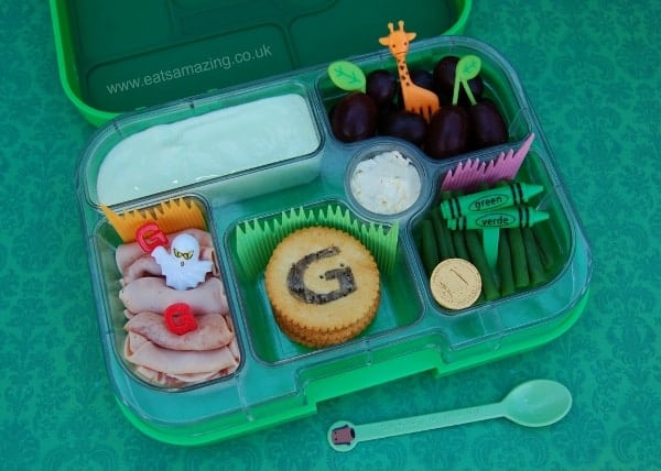 Eats Amazing - Alphabet Themed Kids Bento Lunches - G is for Green Giraffe Ghost German Sausage Garlic Cheese Gold Grapes