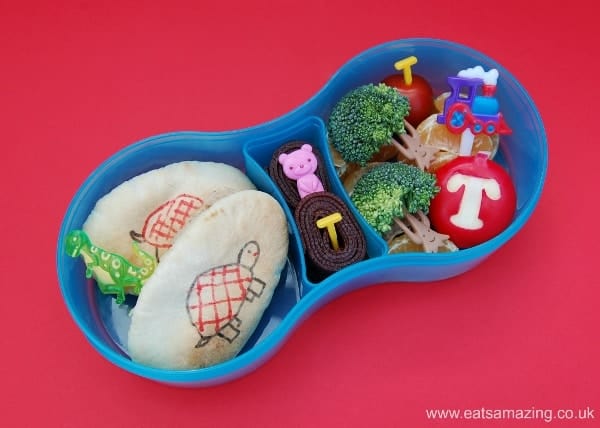 Eats Amazing - Alphabet Themed Kids Bento Lunches - T is for Tortoise Tyrannosaurus Teddy Bear Tree Tomato Train TUMTUM