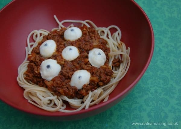 Eats Amazing UK - Fun food idea for the kids dinner at Halloween - Eyeballs and Spaghetti