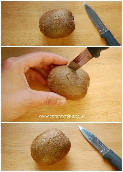 Serving idea for kiwi fruit - cut a zig zag pattern then pull appart to look like a flower or an egg - tutorial from Eats Amazing UK