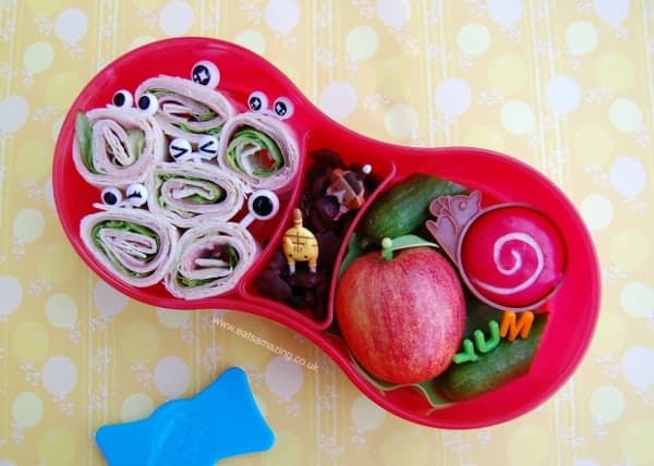 Healthy & Fun Kids Packed Lunch Idea - Tortilla Wrap Spirals with eye food picks in a bento box - Eats Amazing UK