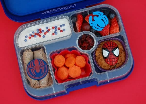 Spiderman themed bento lunch idea from Eats Amazing UK - making healthy food fun for kids
