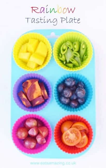 Make a bright rainbow platter of different fruits and vegetables to tempt kids to try new foods - Eats Amazing UK - healthy and fun food for kids