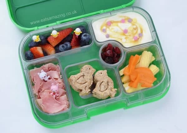 Simple Easter Bento Lunch with cute Easter chick sandwiches and carrot bunny rabbit from Eats Amazing UK - Fun Food for Kids