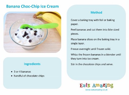 Banana Choc Chip Ice Cream Recipe with free printable recipe sheet to download -easy recipes for kids from Eats Amazing UK