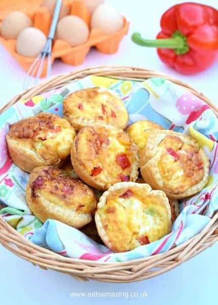 Easy recipe for kids - super simple mini quiches - great for picnics lunch boxes and party food with free printable childr friendly recipe sheet from Eats Amazing UK
