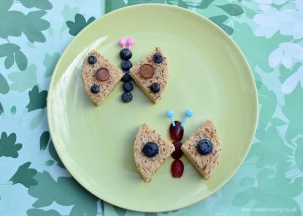 Cute and healthy butterfly sandwich idea from Eats Amazing UK - great for a kids snack or fun lunch. Check out the post for lots more fun garden themed sandwich ideas!