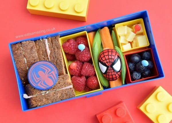 Quick and easy spiderman bento lunch made in the lego lunch box - fun and healthy kids lunch idea from Eats Amazing UK -great for back to school