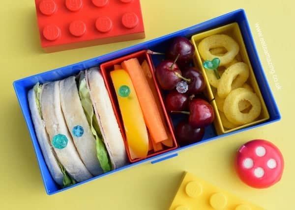 Quick and fun bento lunch made in the lego lunch box - fun and healthy kids lunch idea from Eats Amazing UK -great for back to school