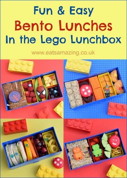 Quick and fun bento lunches made in the Lego lunch box - fun and healthy kids lunch ideas from Eats Amazing UK -great for back to school packed lunches