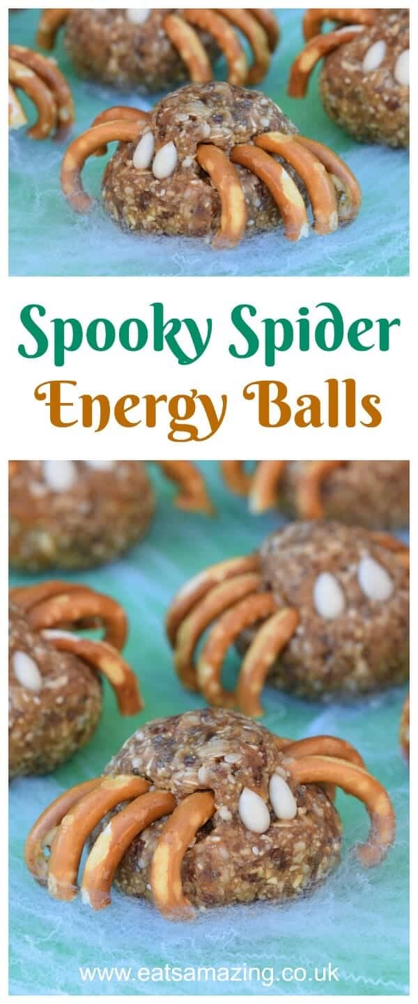 Spooky Spider Energy Balls recipe - fun healthy snack for Halloween - allergy friendly - nut free dairy free refined sugar free - fun food for kids