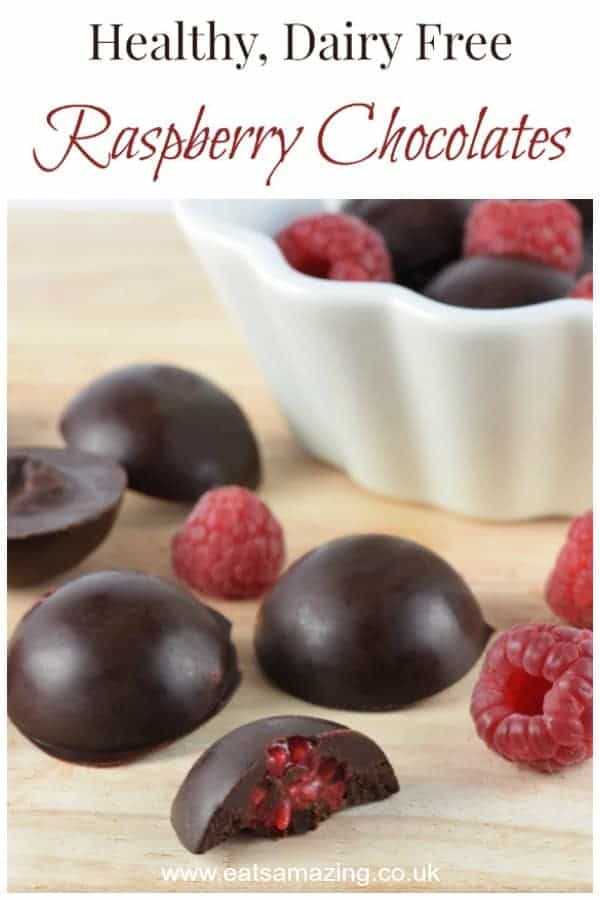Really quick and easy dairy free chocolates recipe with homemade healthy coconut oil chocolate made from scratch and fresh raspberry middles #dairyfree #chocolate #raspberry #coconutoil #nutfree #homemade #easyrecipe #refinedsugarfree #sugarfree #healthysnacks #treat #healthytreat 