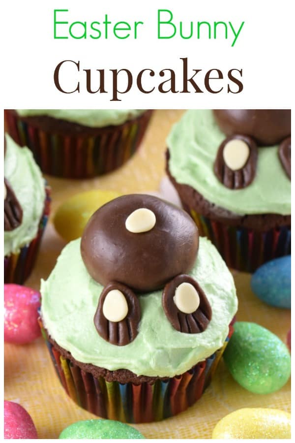 Cute and easy Easter Bunny Cupcakes recipe - these fun Easter cupcakes make a lovely Easter treat to bake with kids #EatsAmazing #easterfood #easterrecipes #easterbunny #cupcakes #eastercake #chocolatecake #cakedecorating #cutefood #funfood #kidsfood #cookingwithkids #dessert #cake 