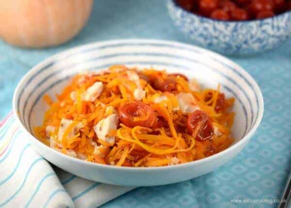 Easy spiralized butternut squash noodles with sweet chilli chicken - really quick and easy healthy recipe