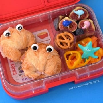 Mini Croissants make great crabs for under the sea themed food - fun kids school lunch idea in the Yumbox UK bento box from Eats Amazing UK