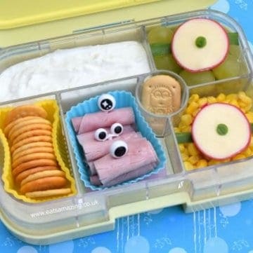 Minion themed lunch in the Yumbox UK Bento Box - fun food idea that kids will love from Eats Amazing