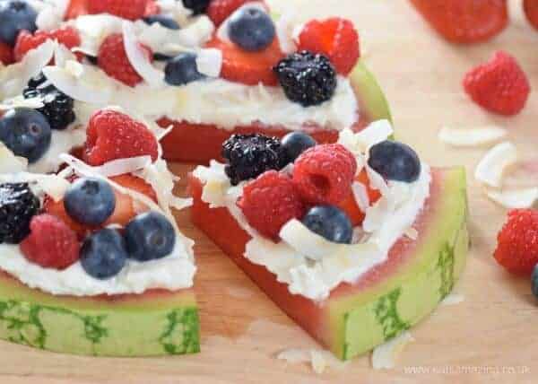 Berry coconut yogurt watermelon pizza - fun and easy healthy summer recipe for kids from Eats Amazing UK