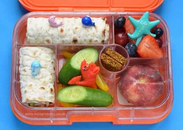 Easy ocean themed bento lunch in the Yumbox - quick and healthy kids packed lunch idea from Eats Amazing UK