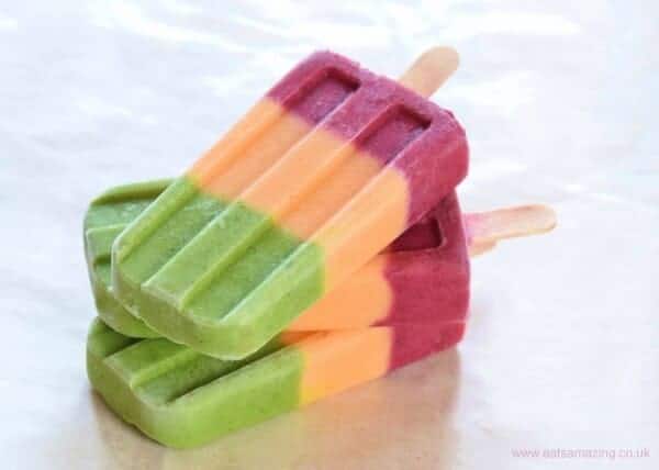 Pretty smoothie posicles recipe with hidden veg - kids will love making these fun traffic light ice lollies - easy summer recipe from Eats Amazing UK