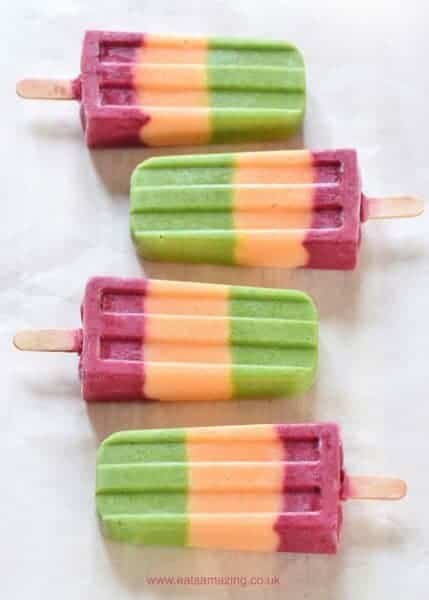 Triple smoothie popsicles with hidden veg - kids will love making these fun traffic light ice lollies - easy summer recipe from Eats Amazing UK
