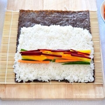 Gorgeous easy homemade rainbow sushi recipe - simple vegetarian sushi idea - perfect for lunch boxes - Eats Amazing UK