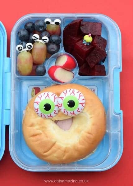 Super easy funny face bagel lunch idea from Eats Amazing UK - check out the post for a whole week of simple bento lunches