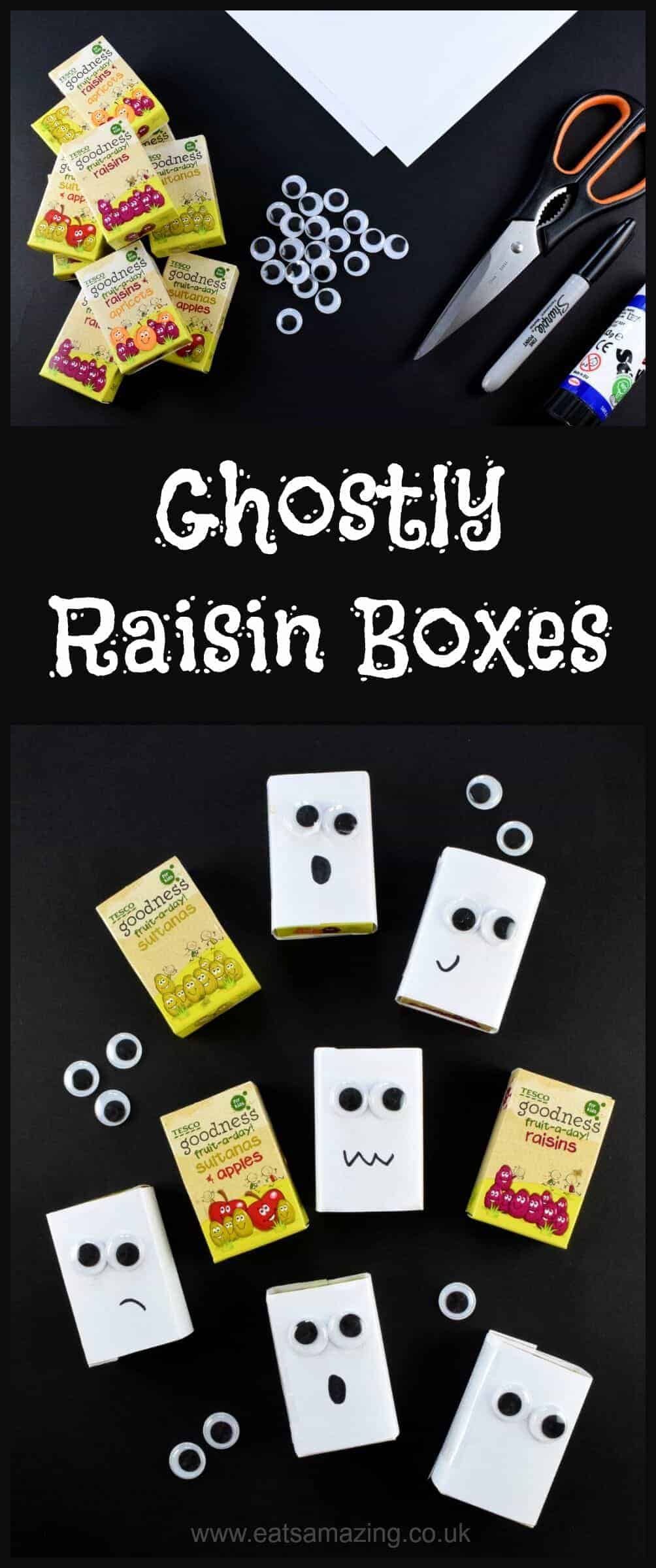Easy healthy Halloween fun food idea - ghost raisin boxes - perfect for Halloween party food snacks lunch boxes and trick or treaters - Eats Amazing UK