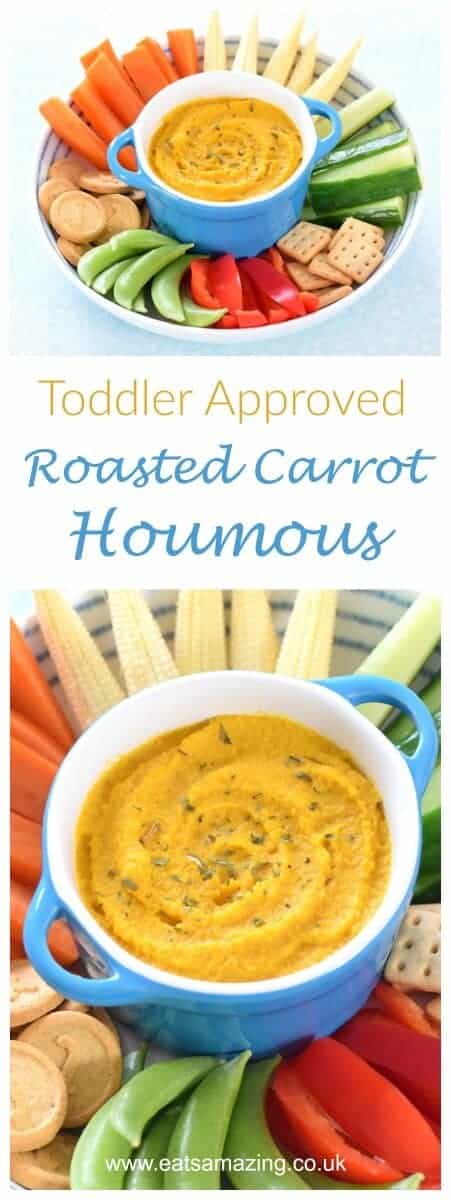 Easy roasted carrot houmous recipe - a perfect dip or spread for kids and toddlers too - healthy kids food from Eats Amazing UK