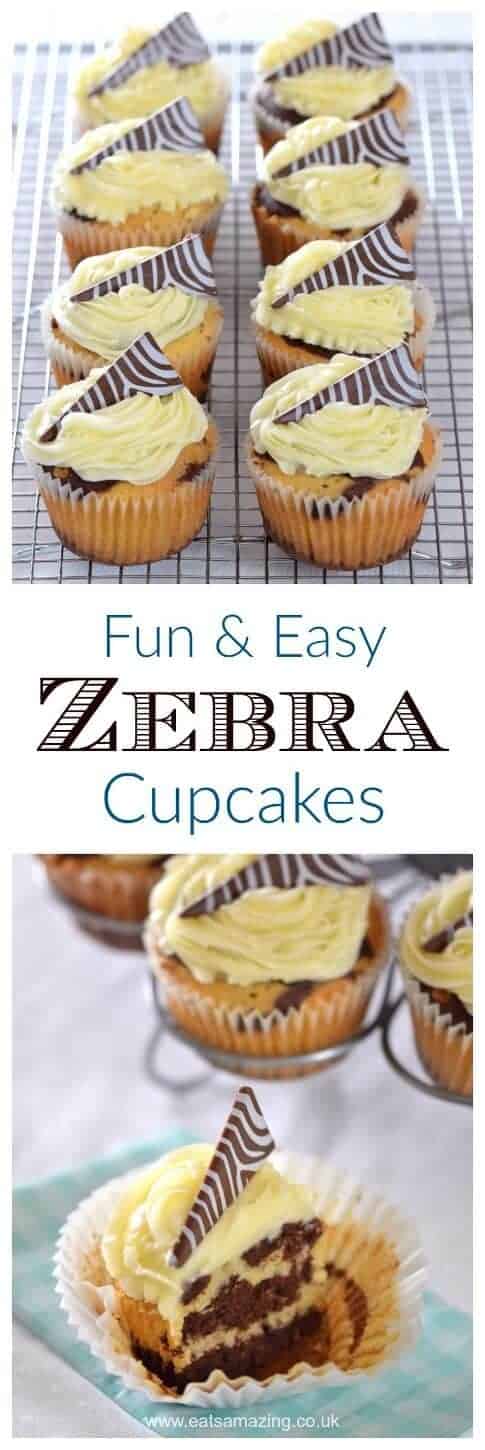 Easy zebra cupcakes - a fun chocolate and vanilla cupcake recipe with zebra stripes inside and out - Eats Amazing UK