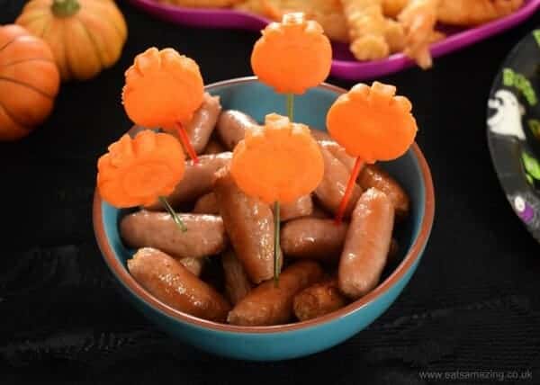 Fun and easy Halloween party food - turn a bowl of sausages into a pumpkin patch
