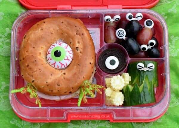 Fun and easy yumbox lunch ideas for kids - monster bagel for Halloween - Eats Amazing UK