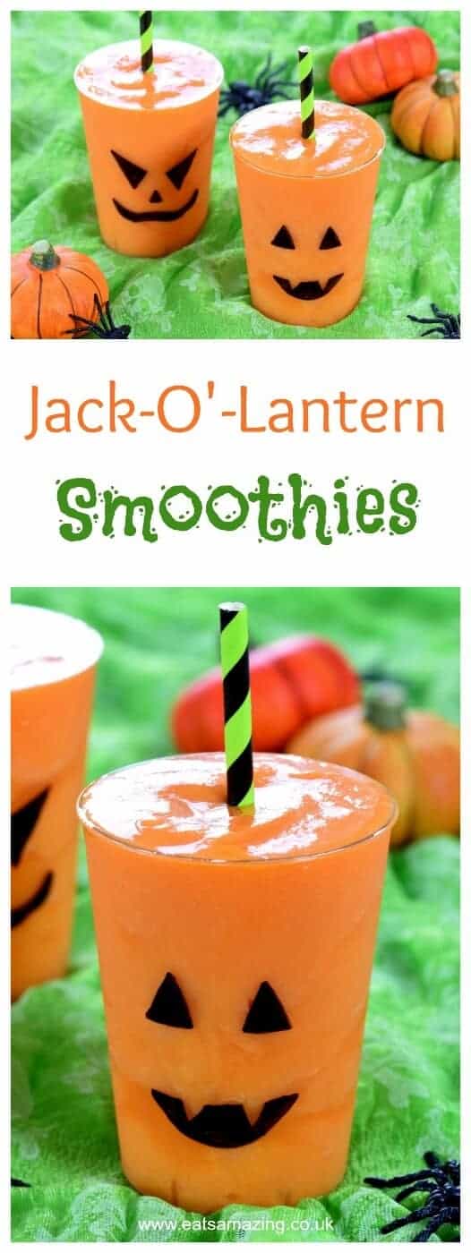 Quick and Easy Jack O Lantern Smoothies for Halloween - Kids will love this fun Halloween drink - perfect for a healthy Halloween - Eats Amazing UK