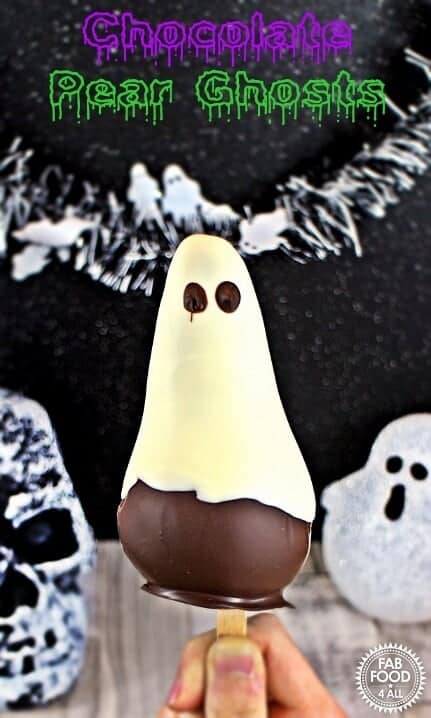 Over 15 Fun Ghost Themed food ideas - Chocolate Pear Ghosts - Fab Food 4 All