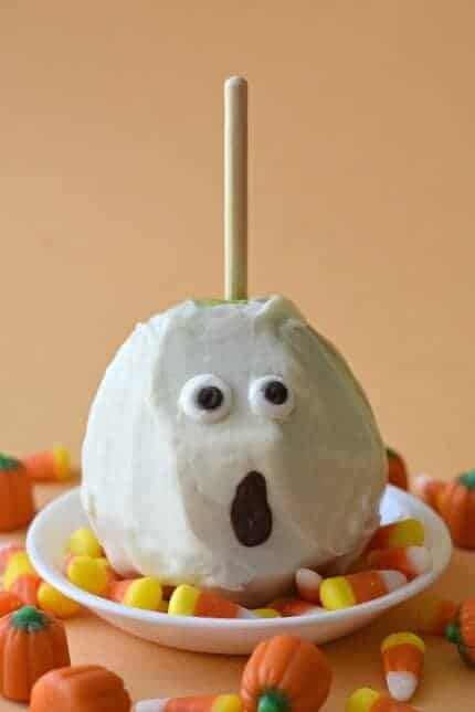 Over 15 Fun Ghost Themed food ideas - Dairy Free White Chocolate Pear Ghosts - Fork & Beans