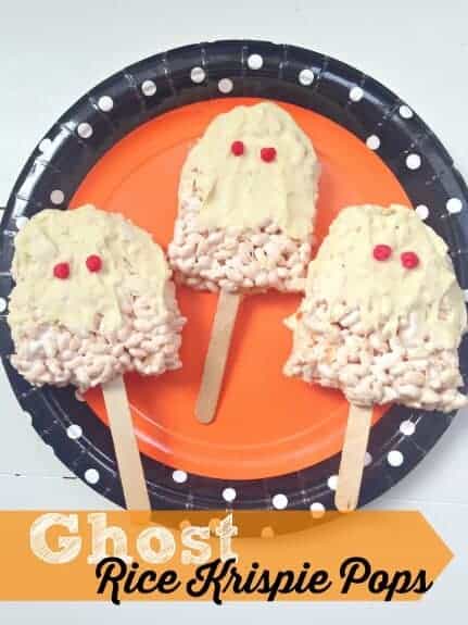 Over 15 Fun Ghost Themed food ideas - Ghost Rice Krispie Pops - Kerry Cooks