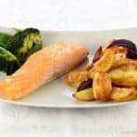 Quick and easy oven baked honey mustard salmon fillets recipe with homemade potato wedges - kid friendly meal idea from Eats Amazing UK