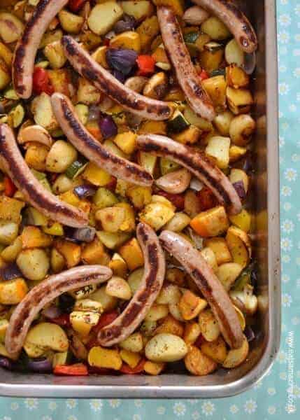 Sausages with roasted vegetables - an easy family meal idea that kids will love - Eats Amazing UK