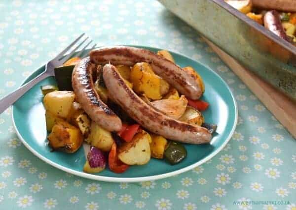 Sausages with roasted vegetables - an easy recipe that makes the perfect family meal - Eats Amazing UK