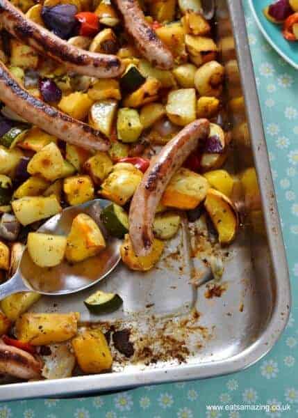 Sausages with roasted vegetables recipe - an easy family meal idea that kids will love - Eats Amazing UK