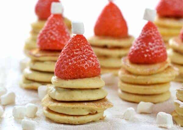 Easy Santa Hat Mini Pancake Stackers - a fun and healthy Christmas breakfast recipe for kids from Eats Amazing UK