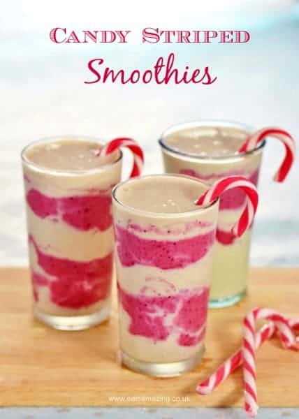 Easy candy striped smoothies - fun and healthy Christmas drink - perfect for a North Pole breakfast - Eats Amazing UK