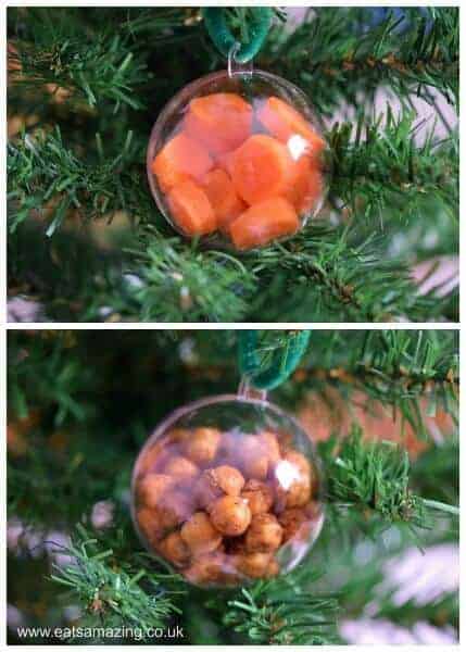 Fun and easy healthy snack idea for Christmas - use fillable baubles for a Christmas treasure hunt - with a list of snack food ideas from Eats Amazing UK